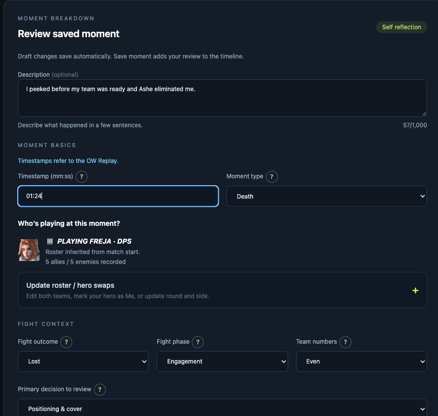 Moment editor with timestamp, description and roster controls