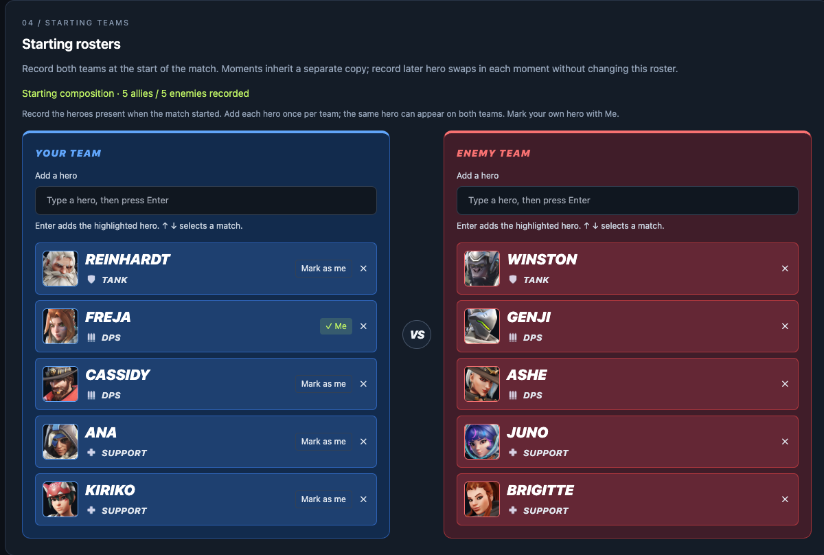 Starting roster editor showing allied and enemy teams with a hero marked Me